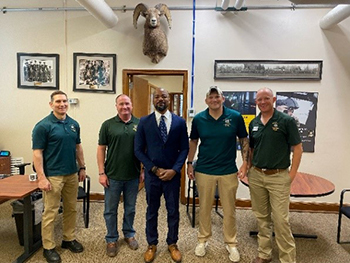 (l-r) Al Armonda, CSU Army ROTC ROO, MAJ Adam Graetz, APMS, Frank McNeil, MSG Wesley Gipson, Military Science Instructor, LTC Matthew Tilman, PMS