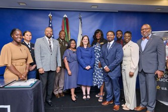 (l - r) Velvett Jenkins, MSG Wilson, Antonio Johnson, COL Thomas, CASA Nancy Jean-Louis (Virginia- North), Dr. Schaefer, CASA Lillian Dixon, (Washington DC), Thomas Parker, Javell Bullard, LaQuyin Brock, and Samuel Armstong.