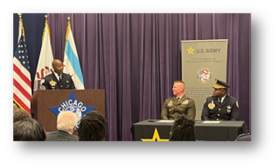 SGT Nathaniel Myles, Chicago Police Department Recruitment Division addresses the guests on the importance of partnering with the Army to bring talented individuals to the Chicago Police Department. 
