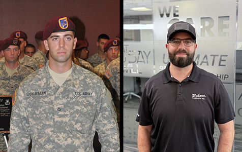 PFC Trevor Coleman during his time in the Army and Trevor as a Reborn Cabinets team member.