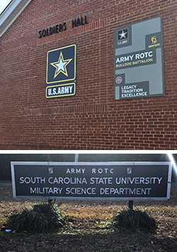 South Carolina State University ROTC Soldiers Hall and Military Science Department sign