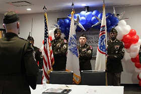 The Raleigh Recruiting Battalion Color Guard presents the colors during the Army PaYS signing ceremony with RATP Dev USA, honoring the partnership and celebrating the commitment to supporting transitioning Soldiers