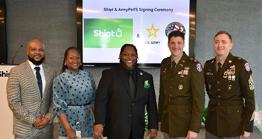  Left to right Victor Fleming, Army PaYS Marketer. Ashely Harrington, Associate Program Manager, talent Acquisition. Marcus Parker, HR People Generalist Operations & Finance, Shipt INC U.S. Army LTC Micheal Miles, and CSM Sean Cox celebrate their partnership during the Army PaYS signing ceremony. 