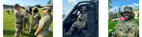 (left photo) SSG Jenkins testing Soldiers' awareness during a riot control defense tactical training.---SSG Jenkins sits in the pilot seat of a Black Hawk (center photo).---SSG Jenkins attends a promotion ceremony.